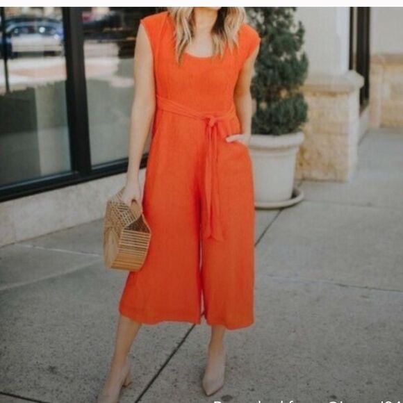 Anthropologie Abbey Belted Crop Wide Leg Jumpsuit Sunset Red Sz 6 Boho Summer - Picture 2 of 14